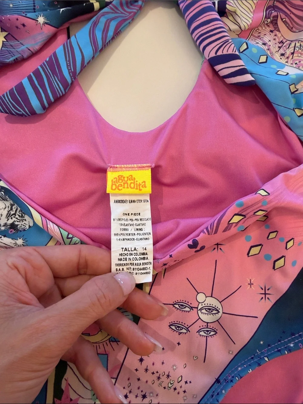 Agua Bendita Kids Pink Multicolor One-Piece Swimsuit with Galaxy Print- 14